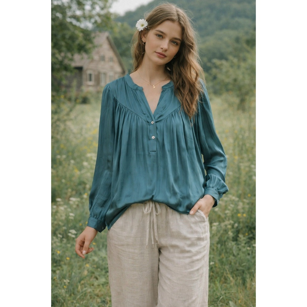 Boho Pleated Satin Blouse XS Teal Long Sleeve Yoke Top See U‎ Soon